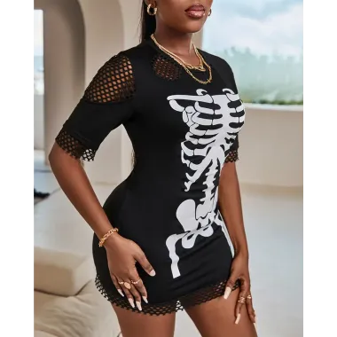 Halloween Fishnet Patch Skeleton Print T-Shirt Dress