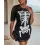 Halloween Fishnet Patch Skeleton Print T-Shirt Dress