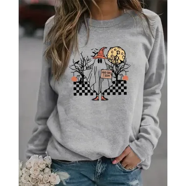 Halloween Ghost Graphic Print Crew Neck Sweatshirt