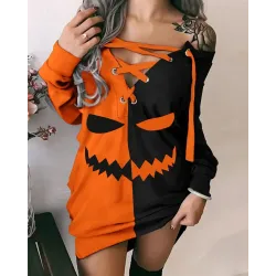 Halloween Graphic Print Eyelet Lace-up Sweatshirt Dress