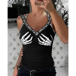 Halloween Graphic Print V-Neck Tank Top