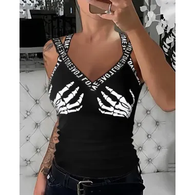 Halloween Graphic Print V-Neck Tank Top