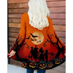 Halloween Graphic Pumpkin Print Long Sleeve Coat