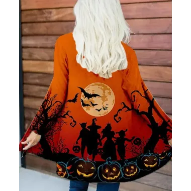 Halloween Graphic Pumpkin Print Long Sleeve Coat