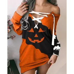 Halloween Long Sleeve Pumpkin Print Eyelet Lace-up Sweatshirt Dress