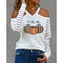 Halloween Pumpkin Letter Print Striped Cold Shoulder Top