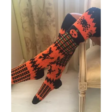 Halloween Pumpkin Spider Pattern Over The Knee Thermal Socks