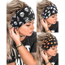 Halloween Skeleton Hands Skull Pumpkin Ghost Print Yoga Sports Wide Headband