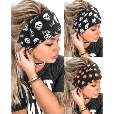 Halloween Skeleton Hands Skull Pumpkin Ghost Print Yoga Sports Wide Headband