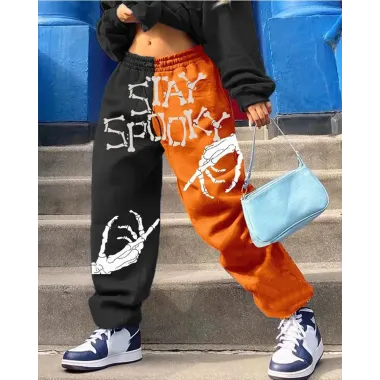 Halloween Skeleton Print Colorblock Sweatpants