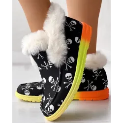 Halloween Skeleton Pumpkin Print Fuzzy Detail Lined Ankle Boots