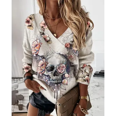 Halloween Skull Floral Print Long Sleeve Top