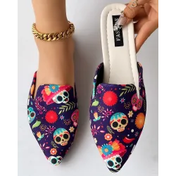 Halloween Skull Head Print Slippers Point Toe Mules