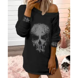 Halloween Skull Novelty Graphic Print Sweatshirt Dress