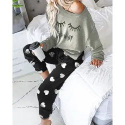 Heart Letter Print Long Sleeve Pajamas Sets