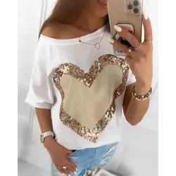 Heart Pattern Sequins Round Neck T-shirt