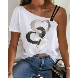 Heart Print Asymmetrical Neck T-shirt