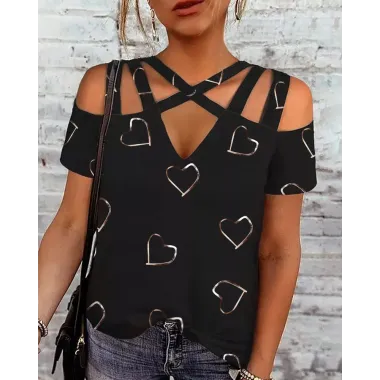 Heart Print Multi-Strap Cold Shoulder Top