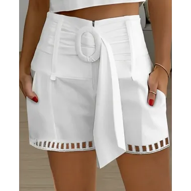 High Waist Belted Pocket Design Shorts