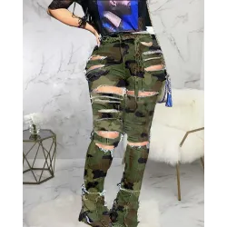 High Waist Camouflage Ladder Cut Out Pants