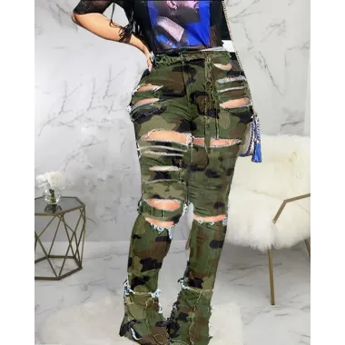 High Waist Camouflage Ladder Cut Out Pants