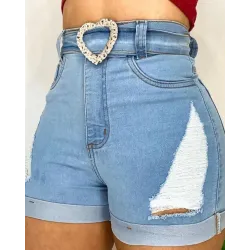 High Waist Fringe Belted Denim Shorts