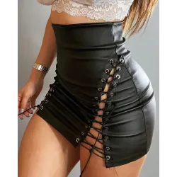 High Waist PU Leather Eyelet Lace-Up Skirt