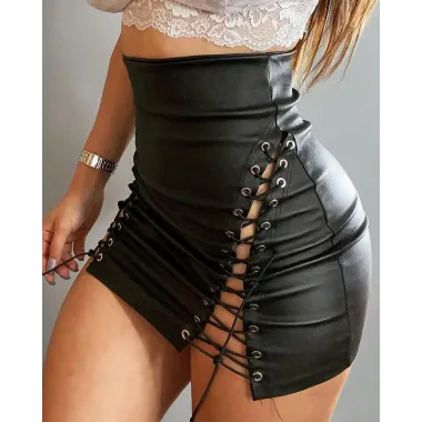 High Waist PU Leather Eyelet Lace-Up Skirt