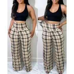 High Waist Plaid Print Wide Leg Pants