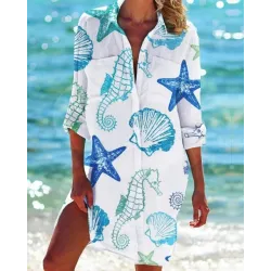 Hippocampus Shell Print Long Sleeve Shirt Dress