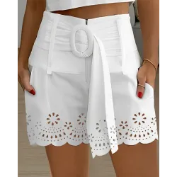 Hollow Out Floral Pattern Belted Shorts