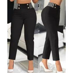 Houndstooth Print High Waist Work Pants