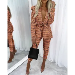 Houndstooth Print Puff Sleeve Belted Blazer & Pants Set