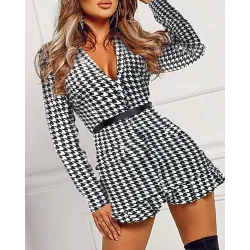 Houndstooth Print Ruffles Long Sleeve Work Dress