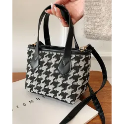 Houndstooth Zipper Design Satchel Bag