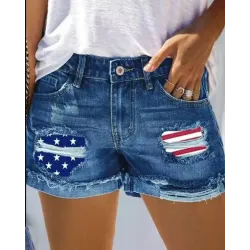 Independence Day Flag Print Patchwork Fringe Hem Denim Shorts