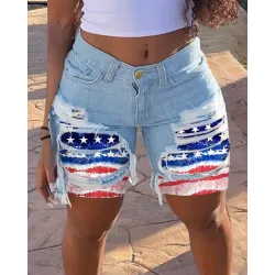 Independence Day Flag Print Ripped High Waist Denim Shorts