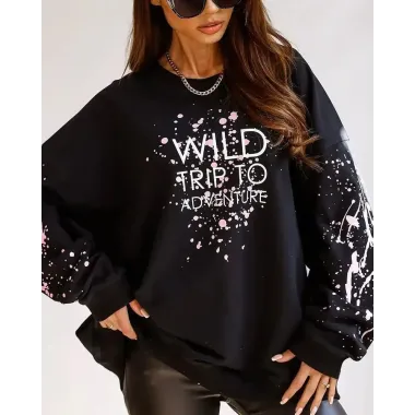 Ink Splash Letter Print Long Sleeve Sweatshirt