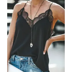 Lace Insert Spaghetti Strap Casual Tank