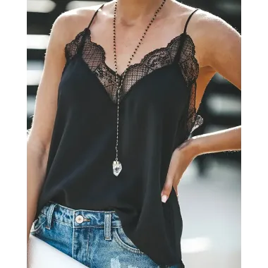 Lace Insert Spaghetti Strap Casual Tank