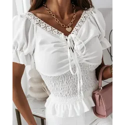 Lace Patch Drawstring Shirred Ruched Top