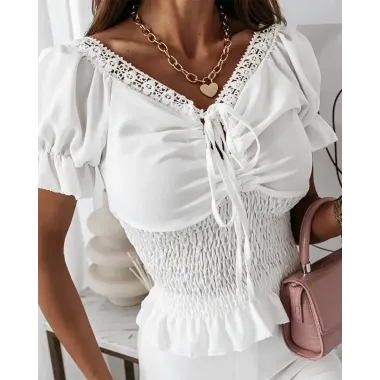 Lace Patch Drawstring Shirred Ruched Top