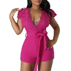 Lace Patch Plunge Tied Detail Romper