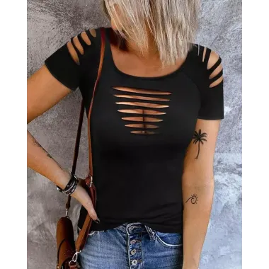 Ladder Cutout Round Neck Casual T-shirt