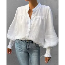 Lantern Sleeve Button Front Blouse