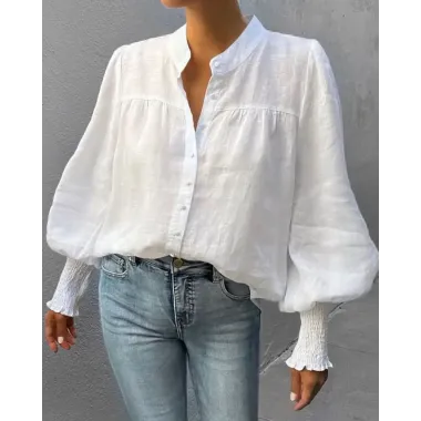 Lantern Sleeve Button Front Blouse