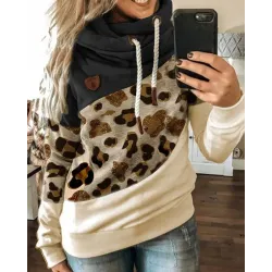 Lantern Sleeve Colorblock Leopard Print Hooded Top