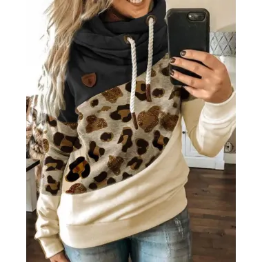 Lantern Sleeve Colorblock Leopard Print Hooded Top