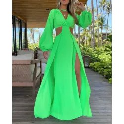 Lantern Sleeve Cutout Backless High Slit Maxi Dress