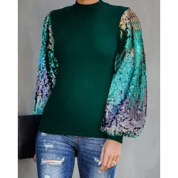 Lantern Sleeve Sequins Colorblock Top